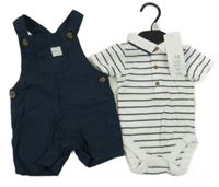Nové - 2set - Tmavomodré plátěné laclové kraťasy + pruhované body F&F