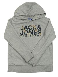 Šedá melírovaná mikina s logem a kapucí JACK&JONES