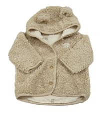 Béžová huňatá podšitá bunda s medvídkem a kapucí s oušky H&M