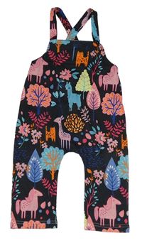 Černé teplákové laclové turecké kalhoty se zvířátky a stromečky