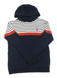 Tmavomodro-bílo-červená mikina s pruhy a kapucí Next 