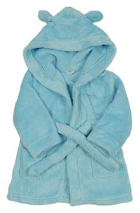 Azurový plyšový župan s nápisem a kapucí s oušky 