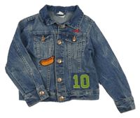 Modrá riflová bunda s číslem a hot-dogem a tygrem a límečkem H&M