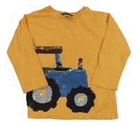 Hořčicové melírované triko s traktorem z překlápěcích flitrů Next