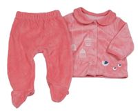 2Set - Růžová sametová propínací mikina s ptáčky a límečkem + polodupky Vertbaudet