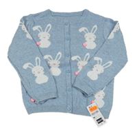 Nové - modrý melírovaný propínací svetr se zajíčky St. Bernard