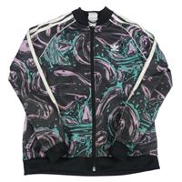 Černo-starorůžovo-modrozelená vzorovaná skvrnitá propínací mikina Adidas