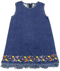 Modré riflové šaty s kytičkami a třásněmi Palomino