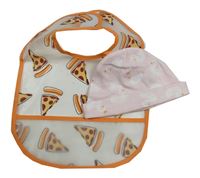 2set - Světlerůžová bavlněná čepice s labutěmi + průhledný bryndák s pizzou