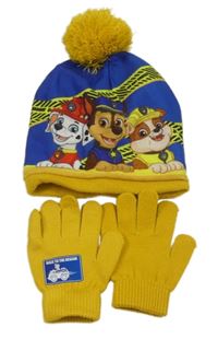 2set - Modro-okrová čepice s Paw Patrol a bambulí + prstové rukavice Nickelodeon
