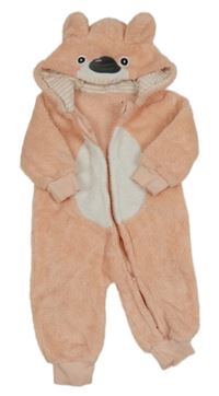 Růžovo-bílá chlupatá kombinéza s kapucí - medvěd Shein