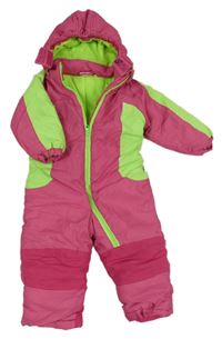 Fuchsiovo-růžovo-neonově zelená šusťáková zimní kombinéza s pruhy a kapucí Liegelind