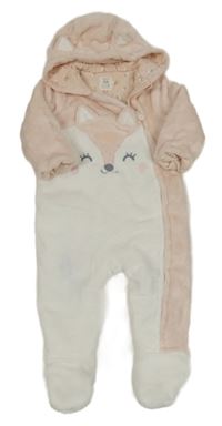 Světlerůžovo-bílá chlupatá zateplená kombinéza s liškou a kapucí C&A