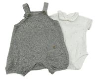 2set - Šedé melírované úpletové laclové kraťasy + bílé body s hvězdami a límečkem