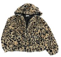 Hnědo-černá kožešinová podšitá bunda s leopardím vzorem a kapucí H&M