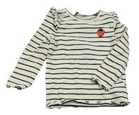 Smetanovo-černé pruhované žebrované triko s jahodou a volánky C&A