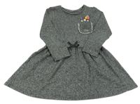 Tmavošedé melírované teplákové šaty s kapsou a bambulemi