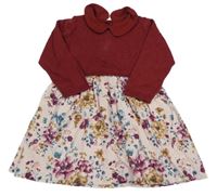 Vínovo-růžové svetrovo/plátěné šaty s květy a límečkem Tu