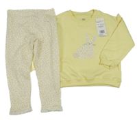 Nové - 2set - Žlutá mikina s králíkem a volánky s madeirou + bílé květované legíny F&F