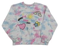 Bílo-růžovo-modrá batikovaná mikina s obrázky zn. Primark