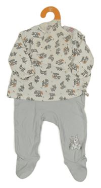 Nové - bílo-šedý overal s králíky + bryndák Primark