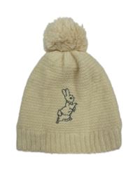 Smetanová pletená podšitá čepice s králíkem a bambulí 