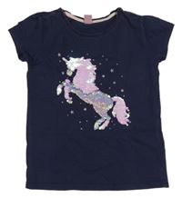 Tmavomodré tričko s jednorožcem z flitrů Dopodopo