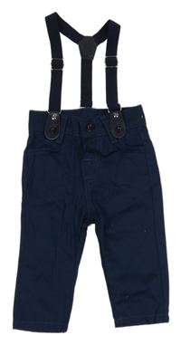 Tmavomodré plátěné kalhoty s kšandami 