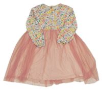 Bílo-barevné květované šaty s tylovou sukní 