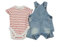 Nové - 2 set - bílo-červené pruhované body + světlemodré laclové riflové kraťasy F&F