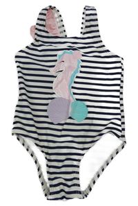 Bílo-tmavomodré pruhované jednodílné plavky s mořským koníkem 