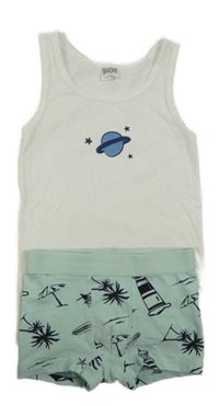 2 set - bílý nátělník s planetou + zelené boxerky s obrázky 