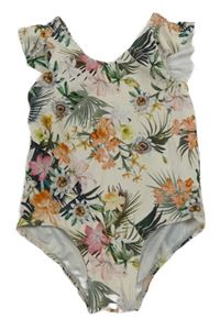 Smetanovo-barevné jednodílné plavky s květy a listy H&M