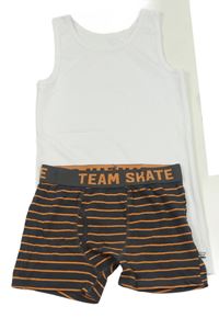 2set - bílé tílko + šedo-oranžové pruhované boxerky