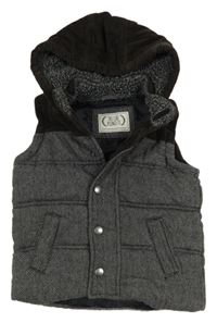 Černo-šedo-hnědá vzorovaná vlněno/manšestrová zateplená vesta s kapucí M&S