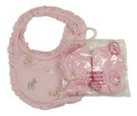 Nové - 3set - růžový bryndák s výšivkami a volánky + 2x růžové rukavice Nutmeg