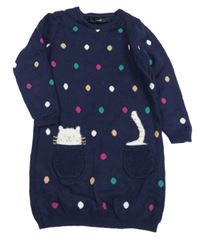 Tmavomodro-barevné puntíkaté pletené šaty s kočičkou George