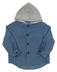 Modrá žebrovaná sametová košilová bunda s kapucí Shein