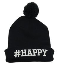 Černá čepice s nápisem a bambulí 