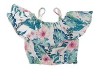 Bílo-zeleno-růžový crop top s květy a volánkem 