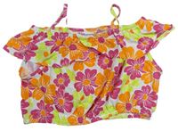 Bílo-růžovo-oranžový květovaný crop top s volánkem Matalan