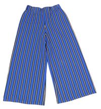 Modro-bílo-černé pruhované wide leg kalhoty