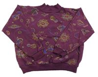 Fialová oversize mikina se sluníčky a ptáčky 