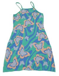 Modro-zeleno-růžové vzorované pletené šaty s motýly a kamínky