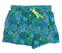 Modrozelené plážové kraťasy s listy s tukany 