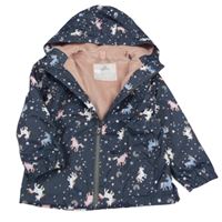 Tmavomodrá šusťáková jarní bunda s jednorožci a kapucí Topolino