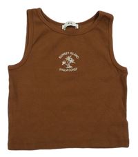 Hnědý žebrovaný crop top s palmami a nápisem C&A
