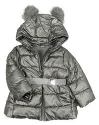 Stříbrná šusťáková prošívaná zimní parka s páskem a kapucí 