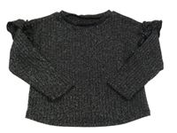 Černo-stříbrný žebrovaný svetr s volánky Primark 