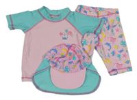 3set - Světlerůžovo-tyrkysové UV tričko + kalhoty + kšiltovka se zvířátky Alive